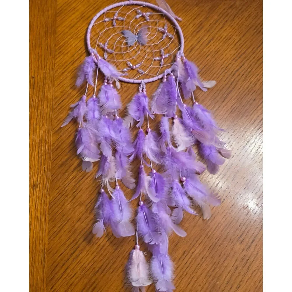 Lavender Butterfly Dreamcatcher - Purple Feathers & Crystal Bead Web Wall Decor